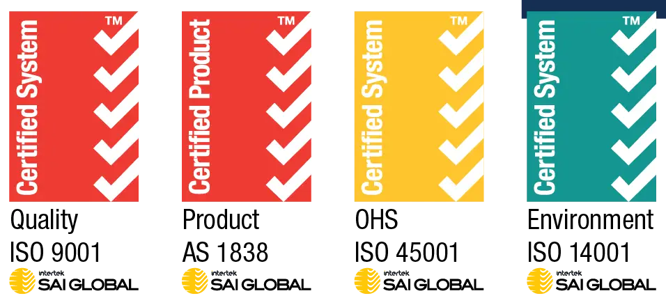 SAI Global certifications: Quality ISO 9001, Product AS 1838, OHS ISO 45001 and Environment ISO 14001
